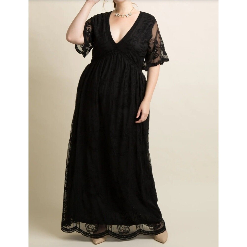 PinkBlush Black Lace Mesh Sheer Overlay Embroidered Maxi Dress Plus Sz 1x Gothic